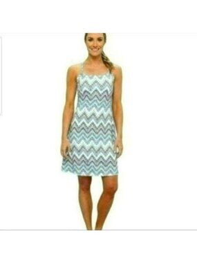 Prana Quinn Women's Small Blue White Chevron Racerback Support Knit Sheath Dress